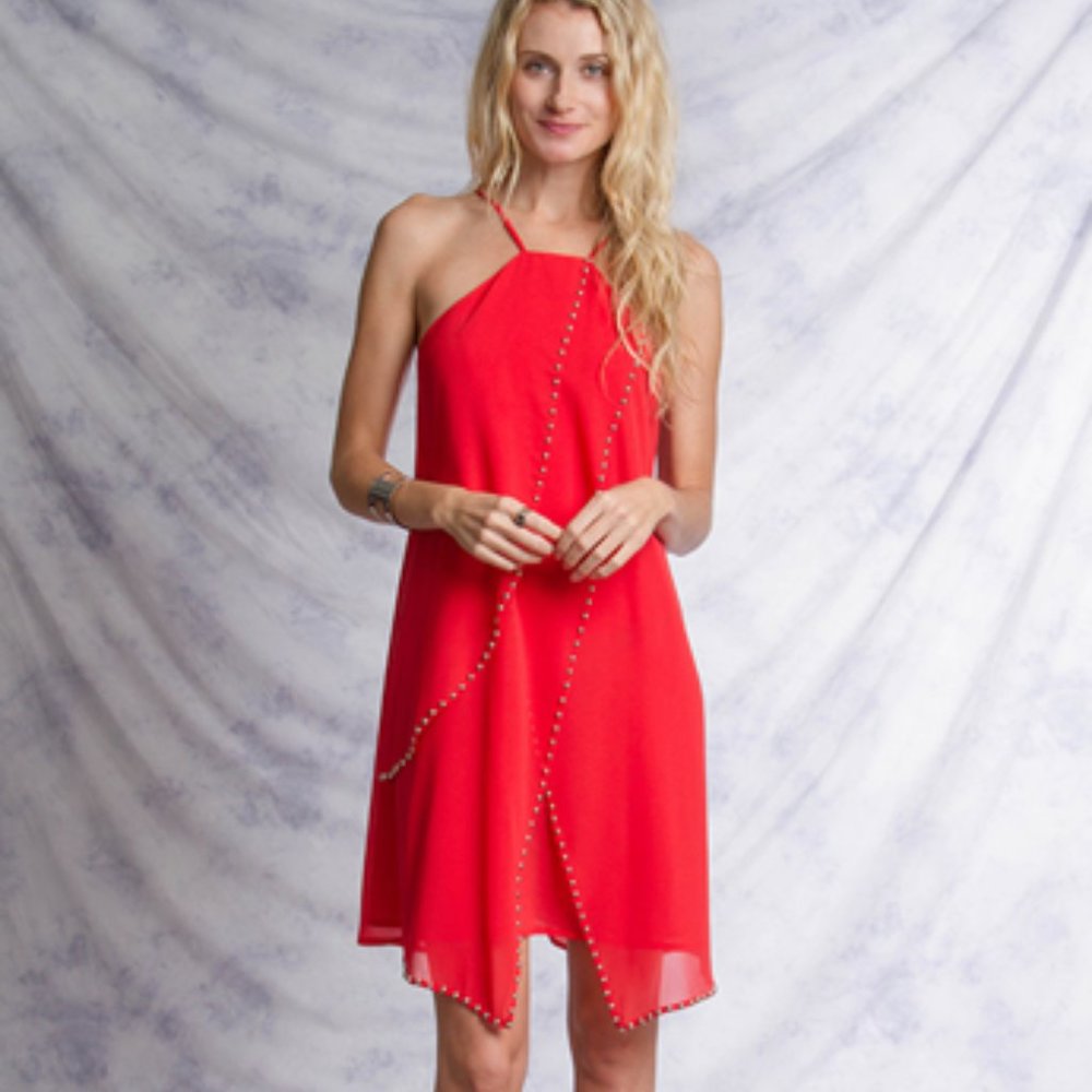 Bright Red Chiffon Dress with Studs